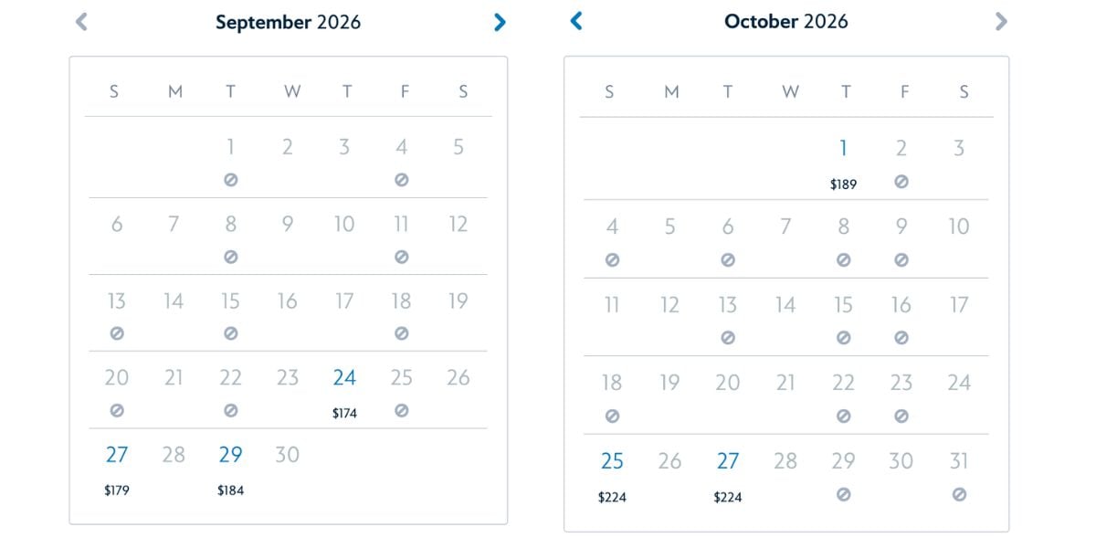 September and October 2026 Disney World calendars highlighting Mickey's Not-So-Scary Halloween Party availability as of September 8