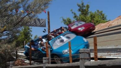 Guests riding Radiator Springs Racers at Disney California Adventure.