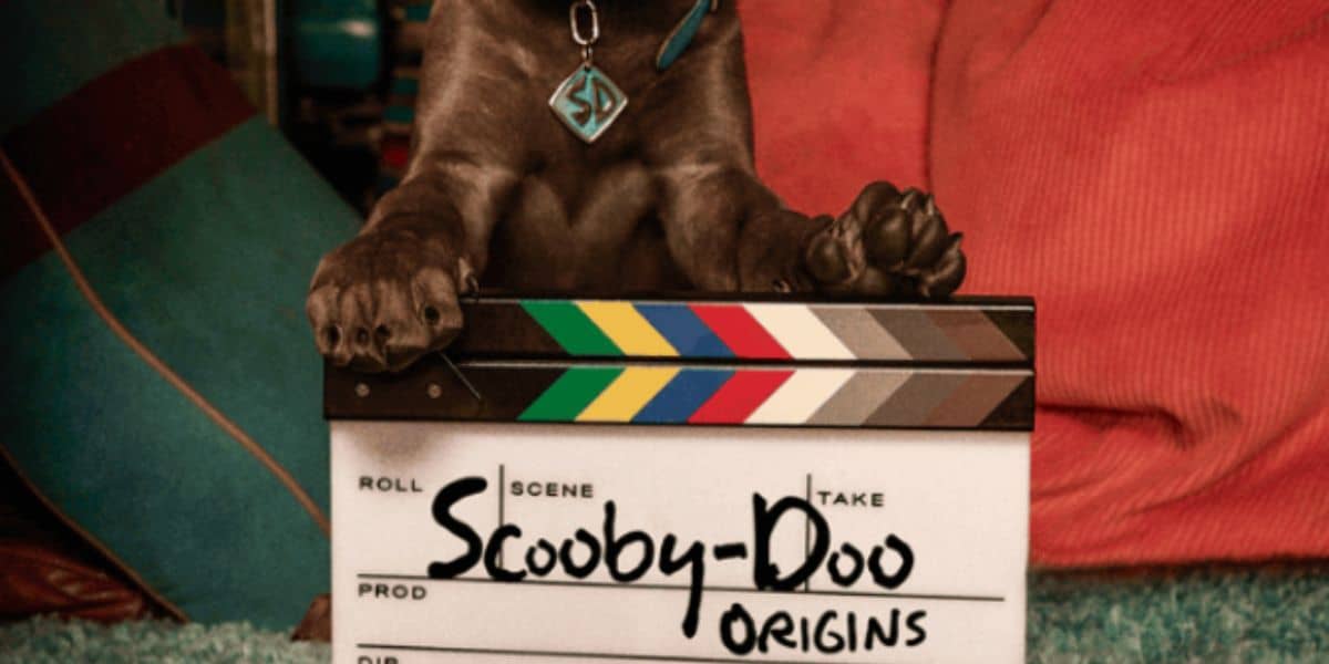 Scooby pup rests paws on clapperboard as scooby-doo origins wraps up season 1 filming