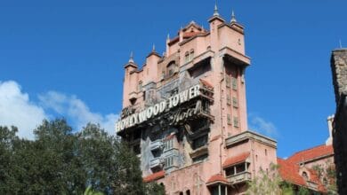 The iconic Hollywood Tower Hotel facade of the Twilight Zone Tower of Terror