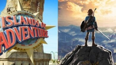 split image. on the left, islands of adventure lighthouse. on the right, legend of zelda video game cover