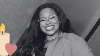 Carla Jeffery beams with a bright smile and stylish glasses, while in the lower left corner, a playful candle and heart graphic adds to the fun, upbeat spirit fans recognize from Disney’s Zombies Franchise.
