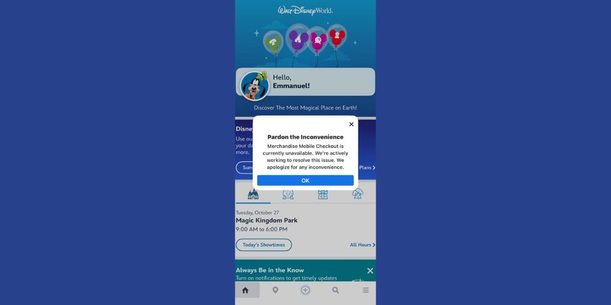 Mobile checkout alert for Disney World shopping on the My Disney Experience app.