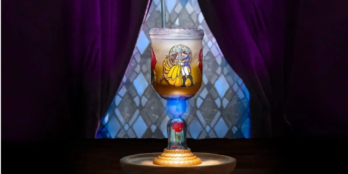 Beauty and the Beast stained glass goblet with a rose at Disney World.