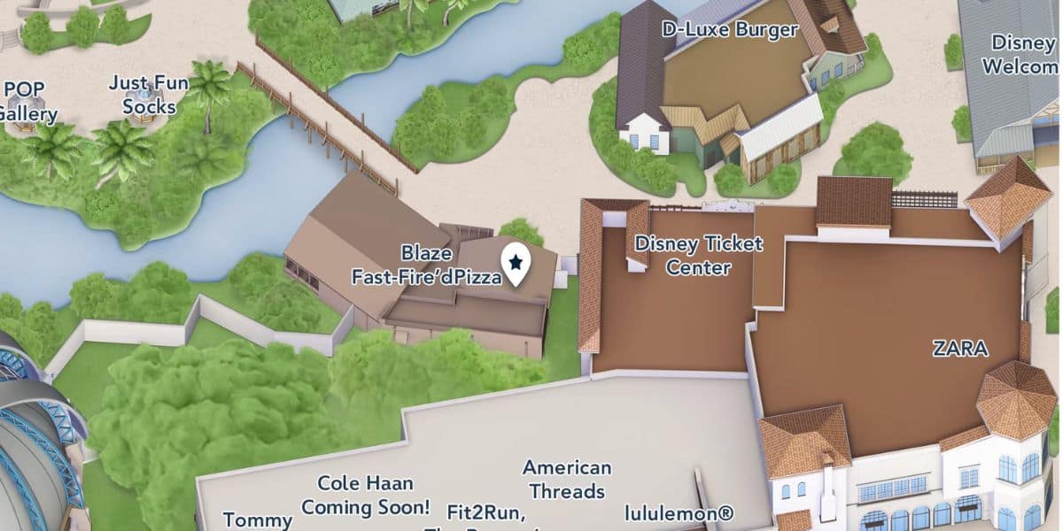 Map of Disney Springs, featuring Blaze Pizza, the Disney Ticket Center, and nearby shops.