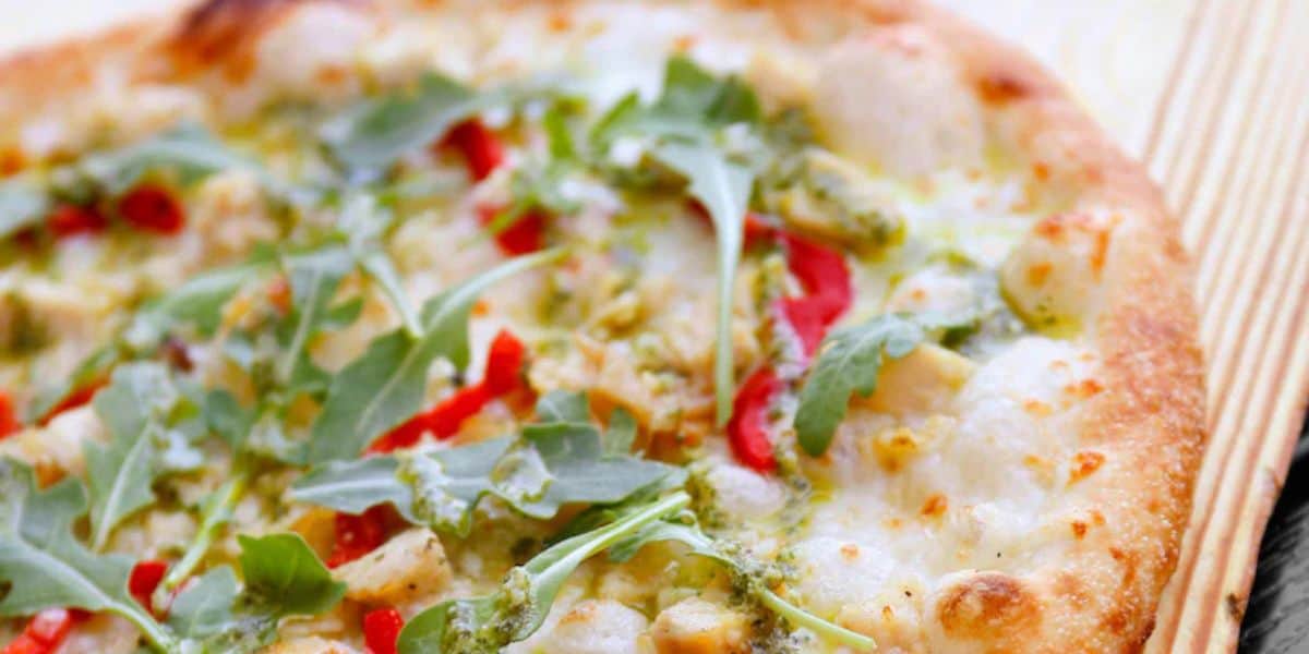 Arugula, red pepper, and pesto pizza from the Blaze Pizza menu.