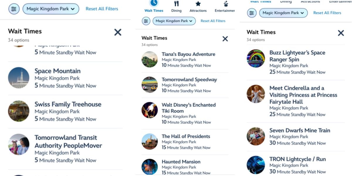 Mobile app screen displaying Magic Kingdom attraction wait times during the 55th anniversary celebration.