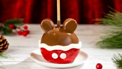 Holiday-themed Mickey Mouse candy apple served on a white plate, a classic snack at Disney World.