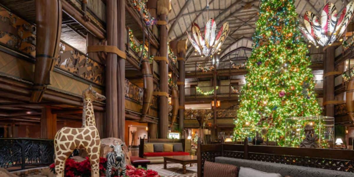 Disney World's animal kingdom lodge resort decorated for Chrismas