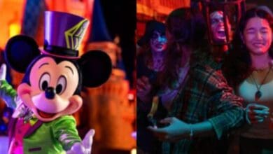 split image. on the left, mickey welcomes guests to disney world for halloween party. on the right, fans scream at halloween horror nights universal studios florida