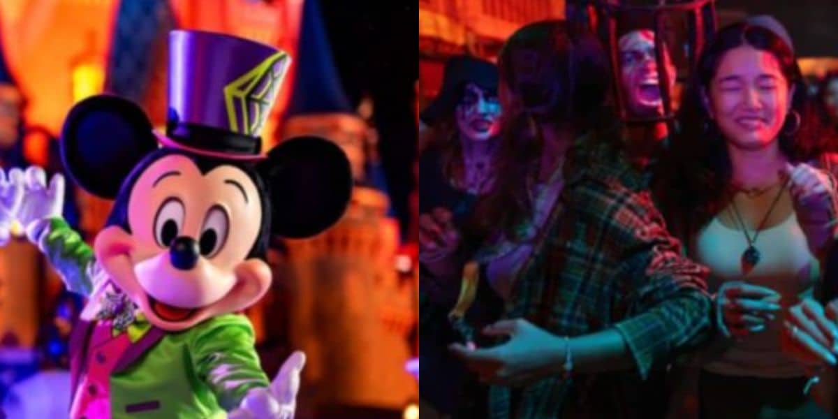 split image. on the left, mickey welcomes guests to disney world for halloween party. on the right, fans scream at halloween horror nights universal studios florida
