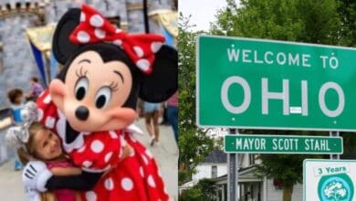 split image: on the left, Minnie Mouse with guests at Disneyland CA. On the right, Welcome to Ohio street sign