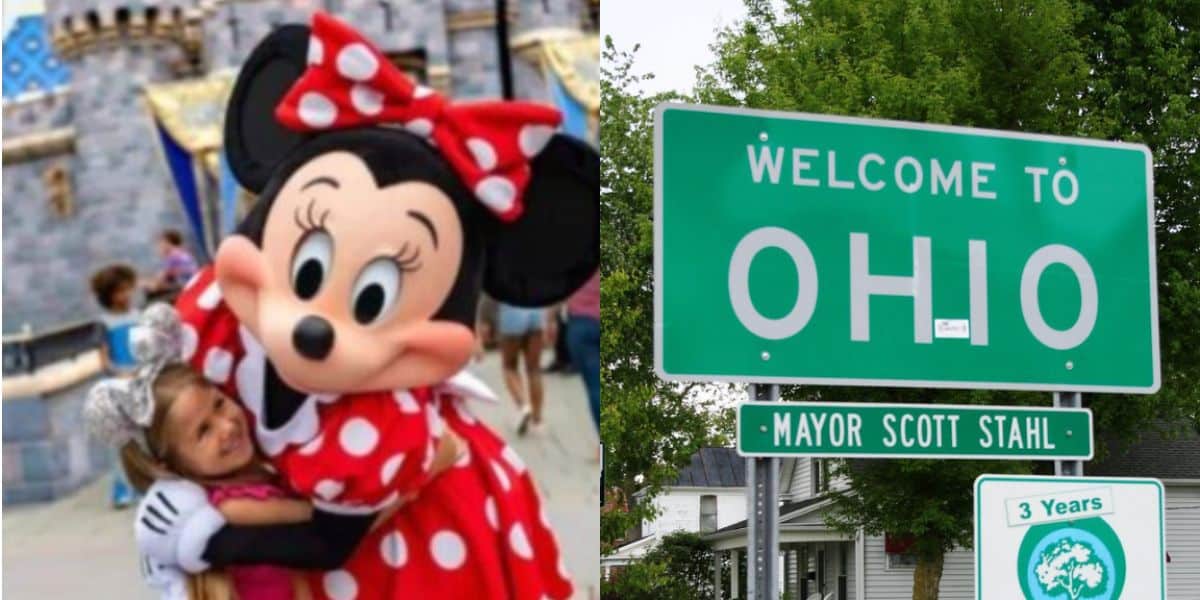 split image: on the left, Minnie Mouse with guests at Disneyland CA. On the right, Welcome to Ohio street sign