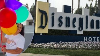 Left: A guest with a bunch of balloons. Right: The Disneyland Hotel sign