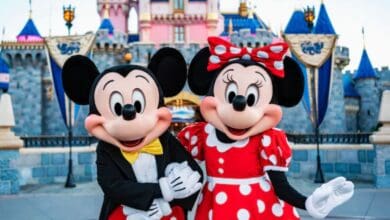 Mickey and Minnie Mouse pose in front of Sleeping Beauty Castle at Disneyland.