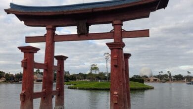 Torii gate at the Japan Pavilion overlooking World Showcase Lagoon at EPCOT.