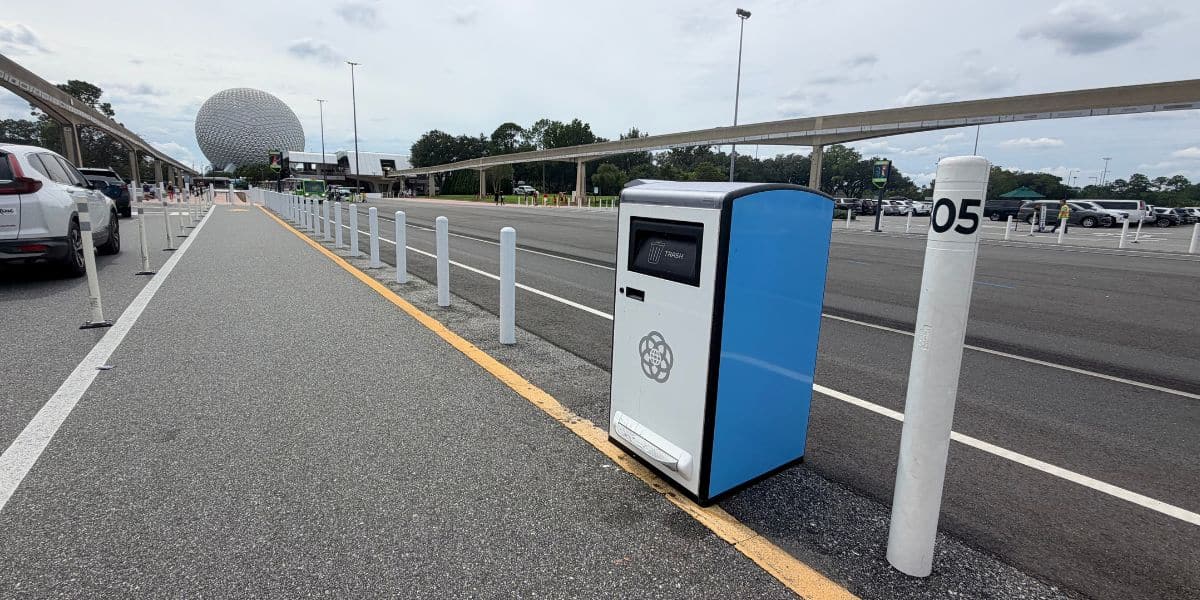 Out-of-order Epcot solar trash can in the Disney World parking lot.