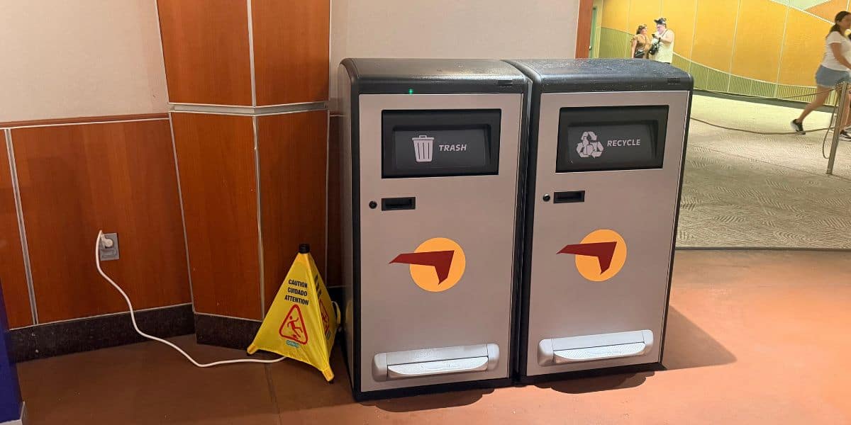 An out-of-order solar trash can and recycling bin at Disney’s Hollywood Studios.