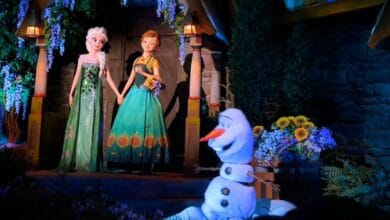 Elsa, Anna, and Olaf on Frozen Ever After at Epcot