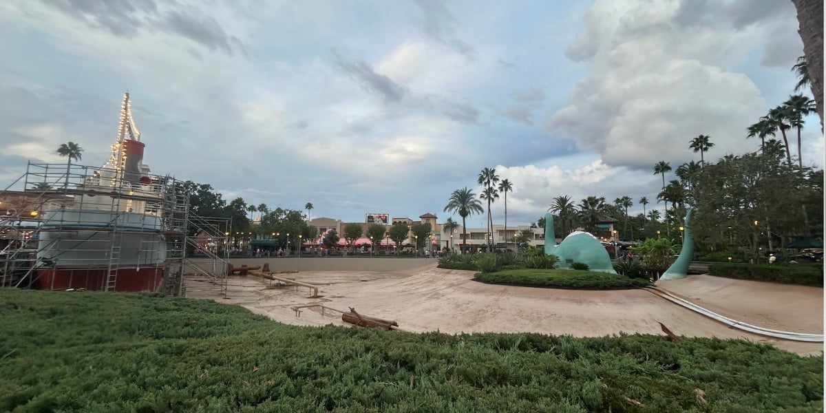 Drained Echo Lake with the SS Down the Hatch and Gertie the Dinosaur at Disney’s Hollywood Studios.