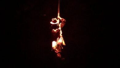 Indiana Jones swings on a rope on the Indiana Jones Adventure ride at Disneyland.