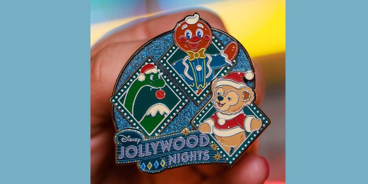 Disney Jollywood Nights enamel pin featuring Duffy the bear, Ollie the Gingerbread man, and Gertie the Dinosaur