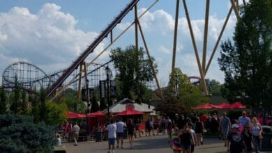 Guests walking up to Diamondback at Kings Island.