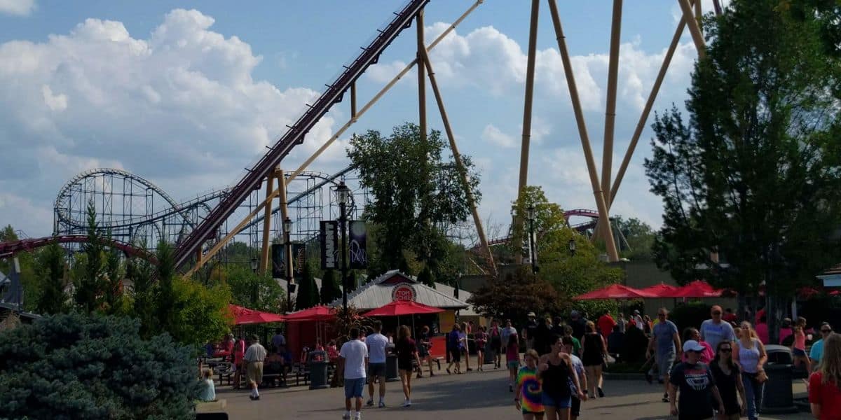 Guests walking up to Diamondback at Kings Island.