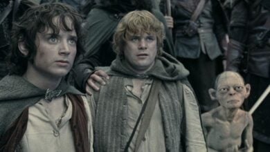 Frodo Baggins, Samwise Gamgee, and Gollum in The Lord of the Rings movie