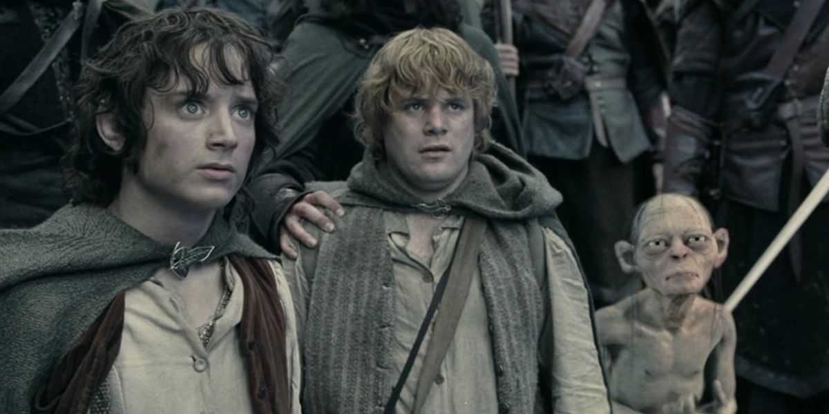 Frodo Baggins, Samwise Gamgee, and Gollum in The Lord of the Rings movie