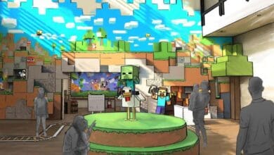 Concept art of a Minecraft hotel lobby at Chessington World of Adventure