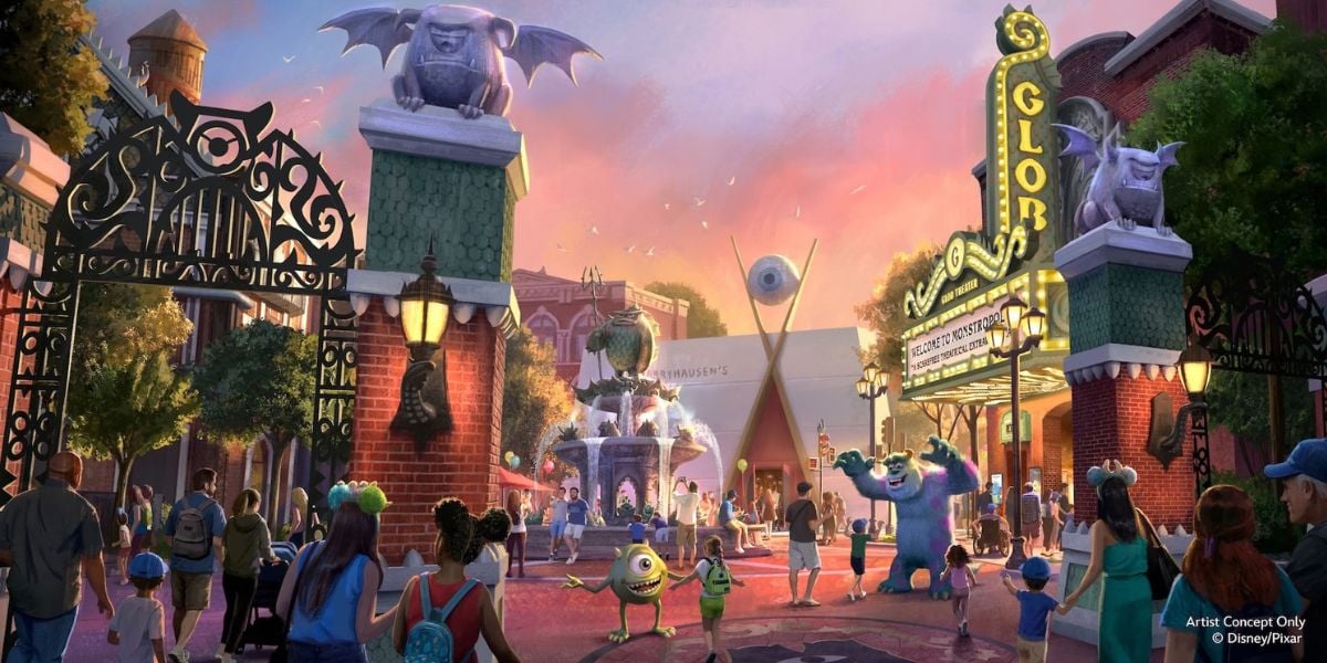 Concept art for the upcoming Monstropolis land at Disney’s Hollywood Studios, showcasing themed dining locations.