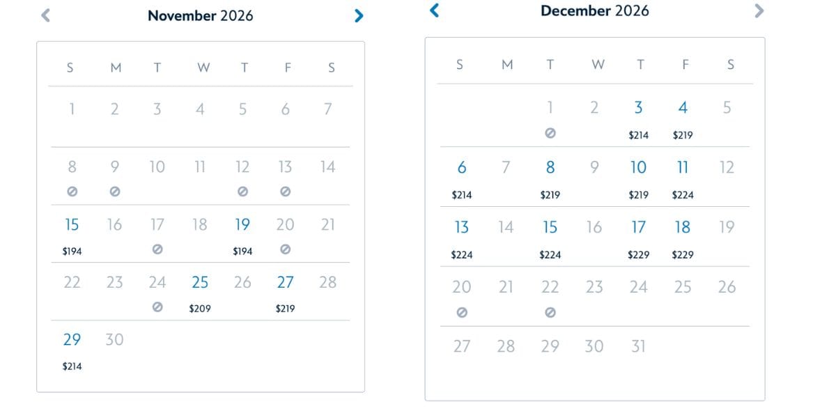 Calendar showing availability for Mickey's Very Merry Christmas Party at Walt Disney World Resort as of Oct 18 2026.