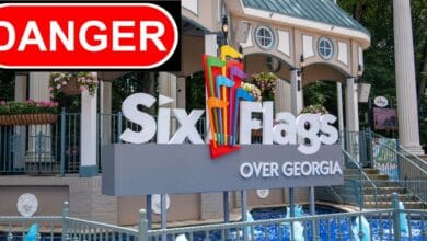 A Fright Fest danger sign at the Six Flags Over Georgia entrance.