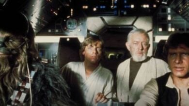 Chewbacca, Luke Skywalker, Obi-Wan Kenobi, and Han Solo in the Millennium Falcon from 'Star Wars: A New Hope'