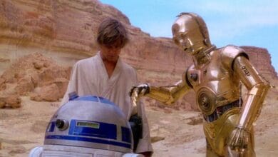 Luke Skywalker, C-3PO, and R2-D2 on Tatooine in Star Wars: A New Hope
