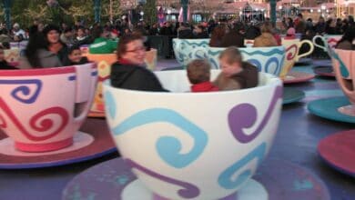 Guests riding Mad Hatter's Tea Party at Disneyland Paris
