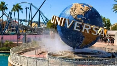 universal orlando spinning globe with fast & furious hollywood drift roller coaster in background