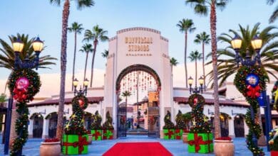 universal studios hollywood entrance decorated for christmas