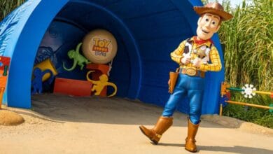 Sheriff Woody at the Toy Story Land entrance tunnel in Disney World.